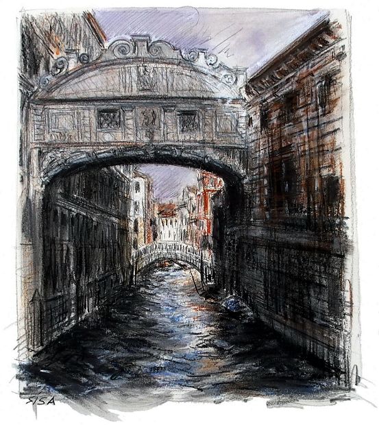 VENEDIG - SEUFZERBRÜCKE, Kreidezeichnung, 70 x 50 cm